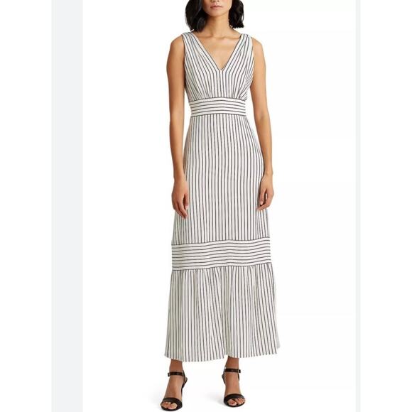 Lauren Ralph Lauren Dresses & Skirts - Ralph Lauren Striped Tiered Crepe Dress White Black Women's XL Sleeveless